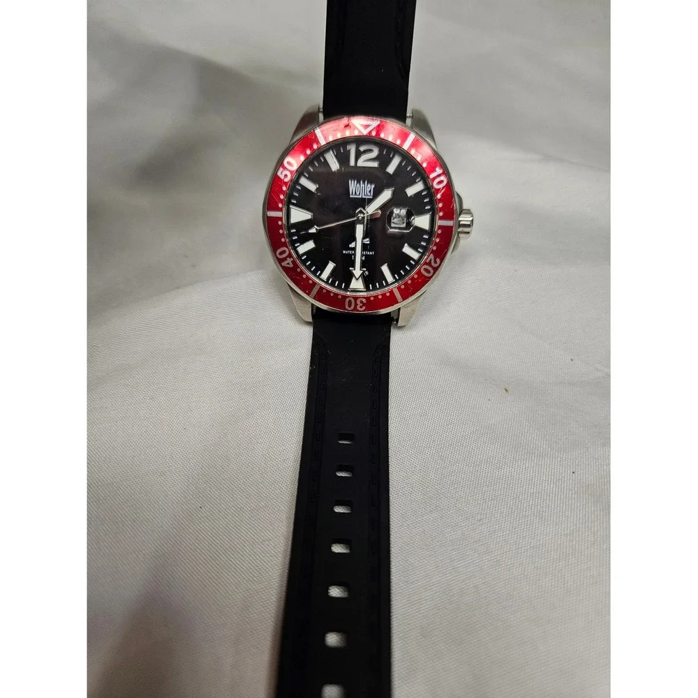 Wohler Diver Down Mens Watch Red Bezel Black Dial Silicone Strap 10ATM‎ 16063